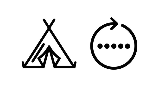 Minimalist black outline icons representing a camping tent and a loading progress circle with progress rotation collection interface communication abstract geometry isolated template