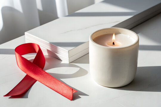 Aids awareness red ribbon symbol and lit candle on white surface with awareness