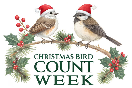 Christmas bird count week vintage illustration with small birds in santa hats