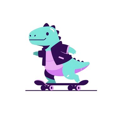 Light blue cartoon dinosaur wearing a dark purple jacket, riding a skateboard on a flat white background