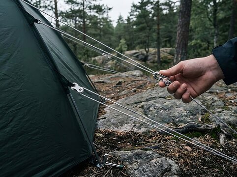 Setting up a green tent with guy lines in a forest during daylight
