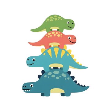 Stack of four colorful cartoon dinosaurs, including green, coral, light blue, and dark teal prehistoric reptiles on a white background