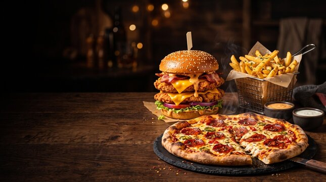 Gourmet fast food combo platter with juicy chicken burger and pepperoni pizza slices on wooden table