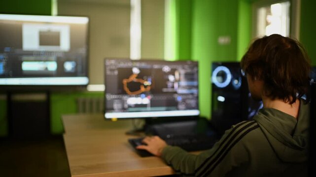 Young man working on video editing in creative studio room with green wall and large computer screen.