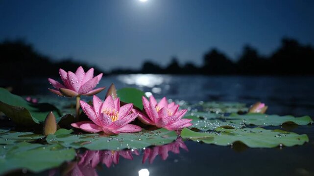 Pink Lotus Flowers Floating on Pond Water Under Full Moon in Night Sky