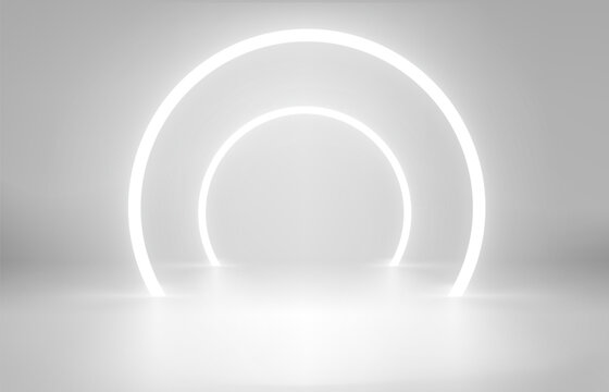 Round arc in bright interior. 3d vector showcase with copy space