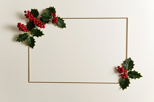 Elegant Golden Christmas Frame with Fir Branches and Red Holly Berries Holiday Border
