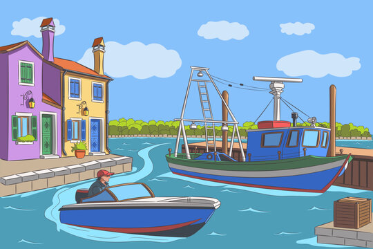 Colorful fishing boat and motorboat near traditional waterfront houses on Burano island in Venice, Italy.