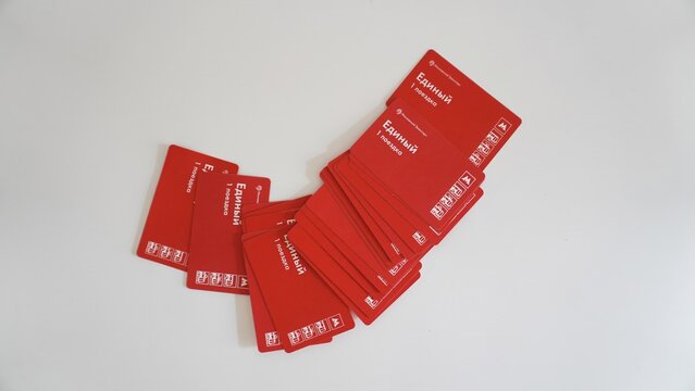 Disposable cards for subway rides (top view).Top view of the single-use transport cards of the Moscow metro. A minimalistic composition with an emphasis on the urban transport system and fare payment.