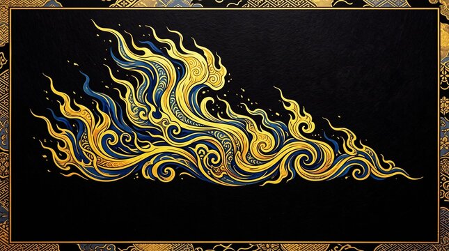 浮世絵風の金と青の炎が描かれた和風ラグジュアリー背景フレーム素材（コピースペースあり）
黒背景に映える和柄と木版画調の幻想的な炎のグラフィックデザイン背景