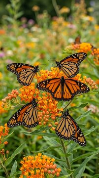 Group of monarch butterflies feeding on orange garden flowers