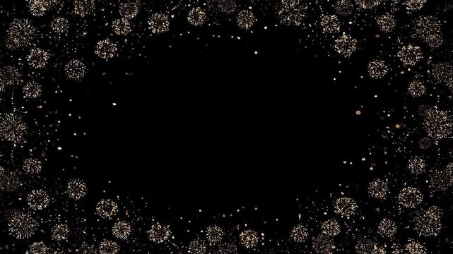 Festive fireworks border frame black night background with sparkling gold burst and empty center