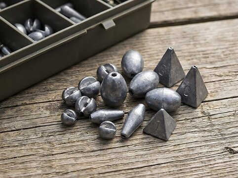 A Collection of Lead Fishing Sinkers and Weights of Various Shapes on a Wooden Board Beside a Tackle Box Organizer