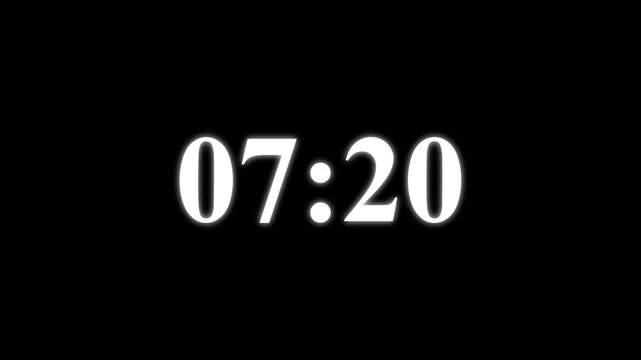 8 Minutes Countdown Timer, white Numbers on a black Background.1 Minute countdown animation on black background.
