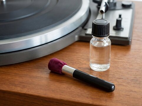 Vintage vinyl record player maintenance kit with professional cleaning fluid and stylus brush on wooden surface for audiophile care