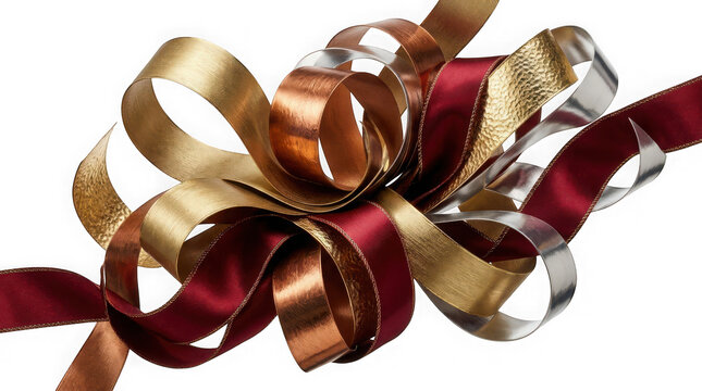 Large festive holiday ribbon bow in gold, copper, silver, and red, isolated on transparent background