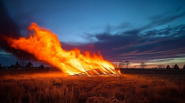 Burning structure in field at dusk with smoke, flames, and thick fire glow