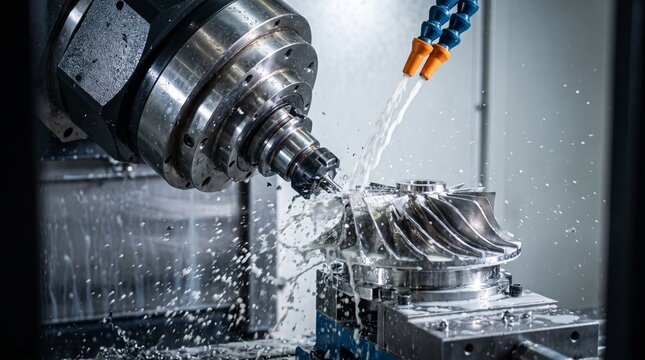 Industrial cnc machine cutting a metal part with coolant spray in a modern factory workshop