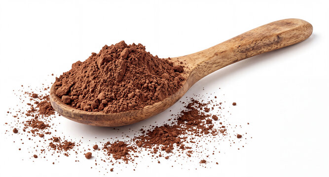 Cocoa powder on a wooden spoon with scattered particles isolated on white background, chocolate ingredient for baking, desserts, drinks and cooking.