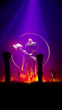 Gothic Purple Concert Visual of a Shadow Knight in a Pillar Shrine with Swords