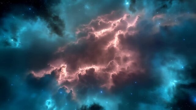 Cosmic space nebula background video. Glowing blue and pink gas clouds drifting through deep space with twinkling stars. Cinematic 3D animation for science fiction and astronomy documentaries.