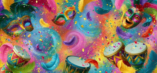 Fototapeta premium Carnival festival banner with decorative masks, colorful confetti, drums, and bright feathers on vibrant background.
