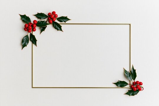 Elegant Golden Christmas Frame with Fir Branches and Red Holly Berries Holiday Border