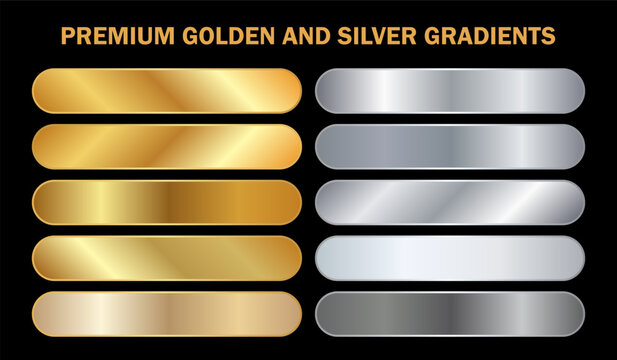 Premium golden and silver gradients set featuring metallic color swatches for button, label, frame, background design element