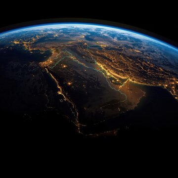 Middle east region viewed from space at night displaying glowing river valleys and urban settlements with night lights city lights nile valley satellite view illumination aerial view nighttime