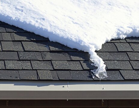 Thick snow layer resting across weathered residential roof shingles