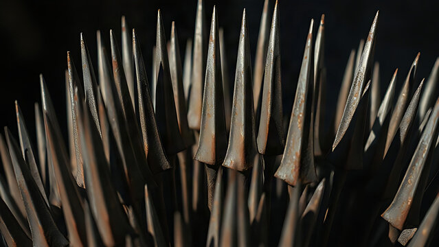 A cluster of sharp, rusted spearheads pointing towards the center of the frame.