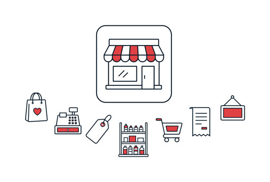 Collection of retail and shopping icons representing commerce and consumerism