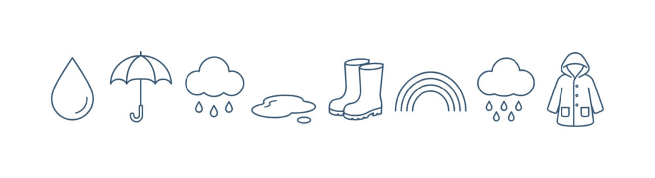 Collection of simple line art icons representing rainy weather and protection