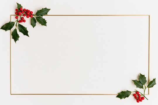 Elegant Golden Christmas Frame with Fir Branches and Red Holly Berries Holiday Border