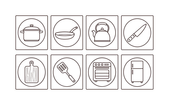 Collection of simple line art icons representing kitchen appliances and utensils