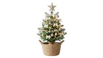 Fototapeta premium Small decorated christmas tree in a wicker basket with lights and ornaments isolated on transparent background