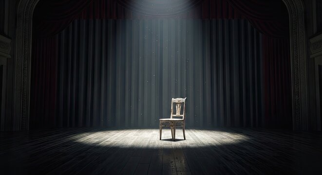 Empty wooden chair centered on dark stage under spotlight.