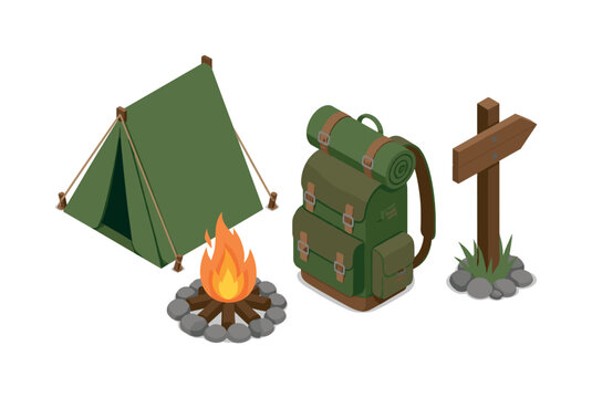 Camping gear including a tent, campfire, backpack, and signpost on white background