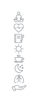 Collection of simple line icons representing healthy lifestyle elements