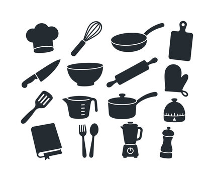Collection of kitchen utensils and cooking equipment icons on a white background