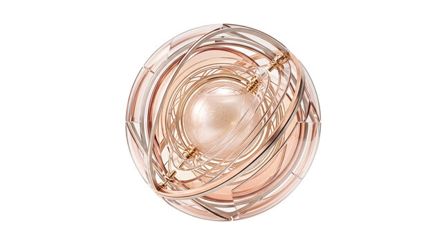 Rose gold abstract sphere with metallic rings, luxury pearl orb on white background, elegant 3d geometric sculpture for jewelry branding