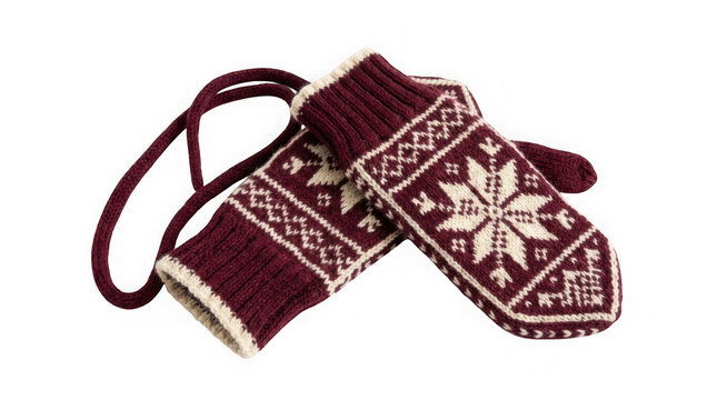 Pair of cozy knitted wool mittens with traditional snowflake pattern isolated on transparent background