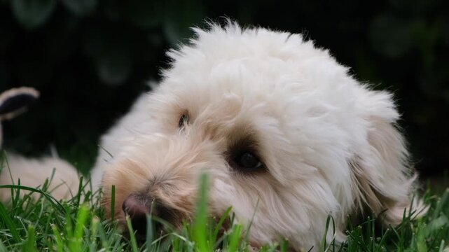 An adorable white maltipoo puppy lies on green lawn grass while chewing on a plush toy on a sunny day.