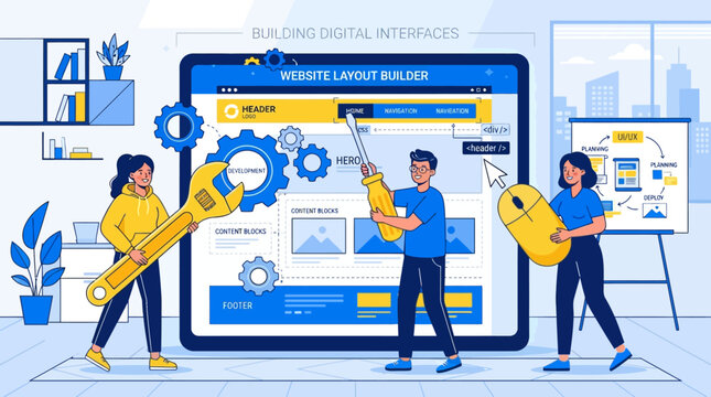 Website layout builder illustrated with characters constructing a digital user interface using large tools.