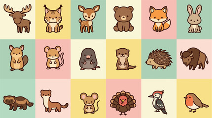 Obraz premium Set of cute cartoon forest animals in a grid pattern with pastel background colors.