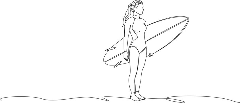 continuous line drawing of a young female surfer standing on beach holding a surfboard, looking out towards the ocean, line art vector illustration
