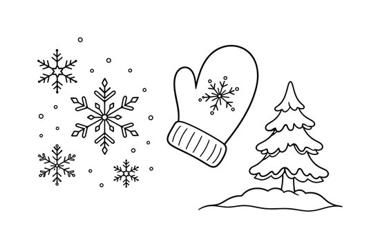 Whimsical winter scene with snowflakes, a mitten, and a snow-covered evergreen tree