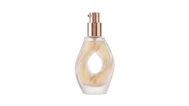 Elegant perfume bottle with rose gold pump, luxury fragrance glass container, modern cosmetic spray bottle on white background