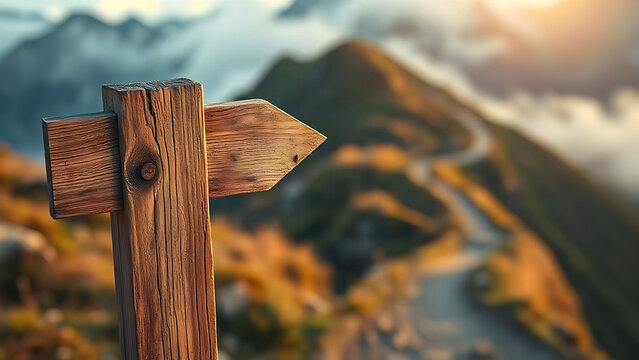 Weathered wooden signpost with an arrow at the start of a winding mountain trail.