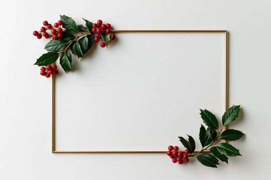 Elegant Golden Christmas Frame with Fir Branches and Red Holly Berries Holiday Border